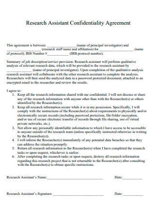 Research Assistant Confidentiality Agreement