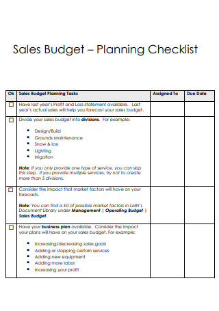 Sales Budget Planning Checklist