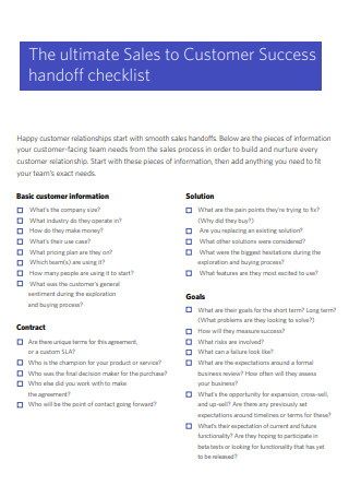 Sales to Customer Success Handoff checklist