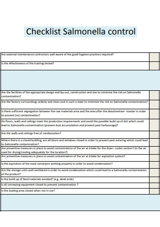 Salmonella Control Checklist