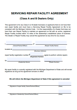 Servicing Repair Facility Agreement