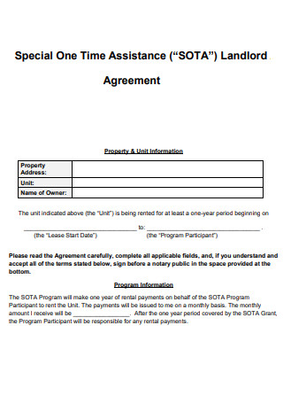 Special One Time Assistance Landlord Agreement