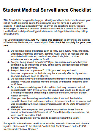 Student Medical Surveillance Checklist