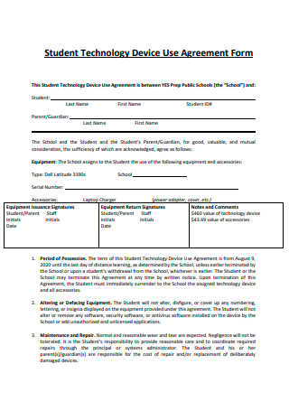 Student Technology Device Use Agreement Form