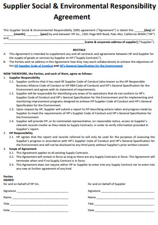 Supplier Social and Environmental Responsibility Agreement