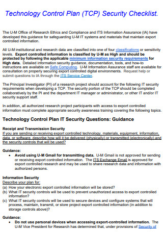 Technology Control Plan Security Checklist