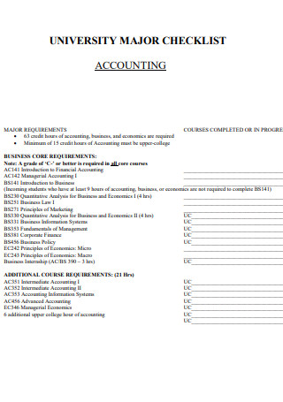 University Major Accounting Checklist