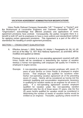 Vacation Agreement Administration Modifications