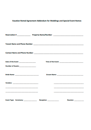 Vacation Rental Agreement Addendum For Weddings and Special Event Homes