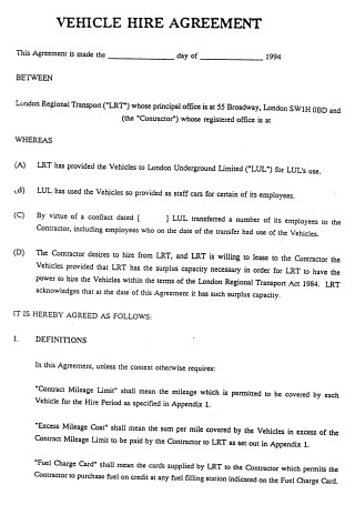 Vehicle Hire Lease Agreement