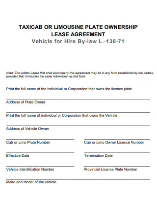 Vehicle for Hire Plate Lease Agreement