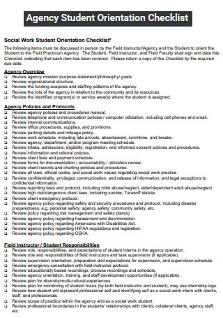 Agency Student Orientation Checklist
