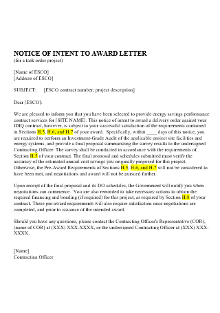 Award Letter Notice of Intent