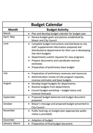 Budget Activity Calendar