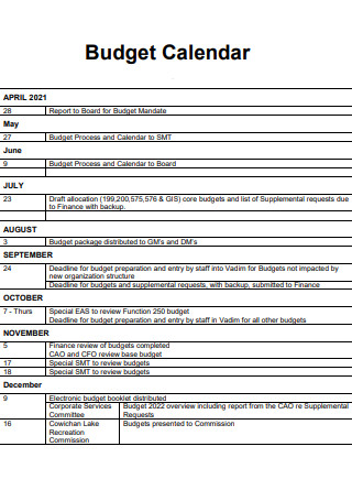 Budget Calendar in PDF