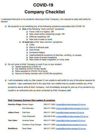 COVID 19 Company Checklist