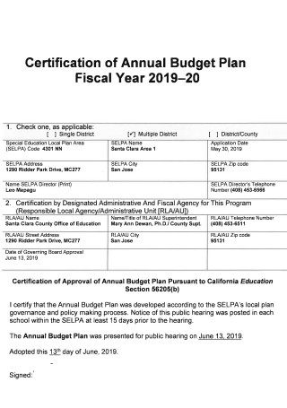 Certification of Annual Budget Plan