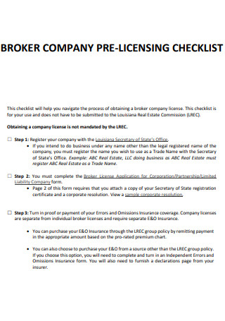 Company Pre Licensing Checklist
