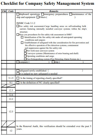 Company Safety Management System Checklist