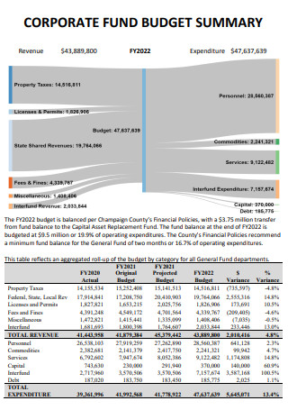 Corporate Fund Budget Summary
