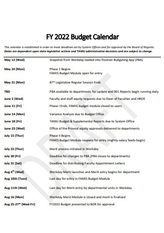 Draft Budget Calendar
