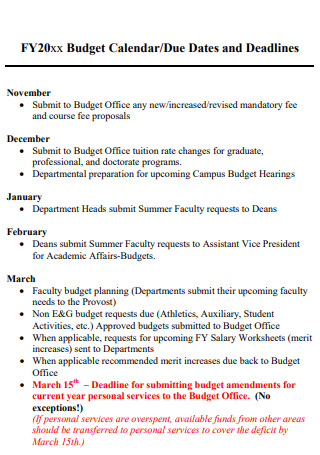 Due Dates and Deadlines Budget Calendar