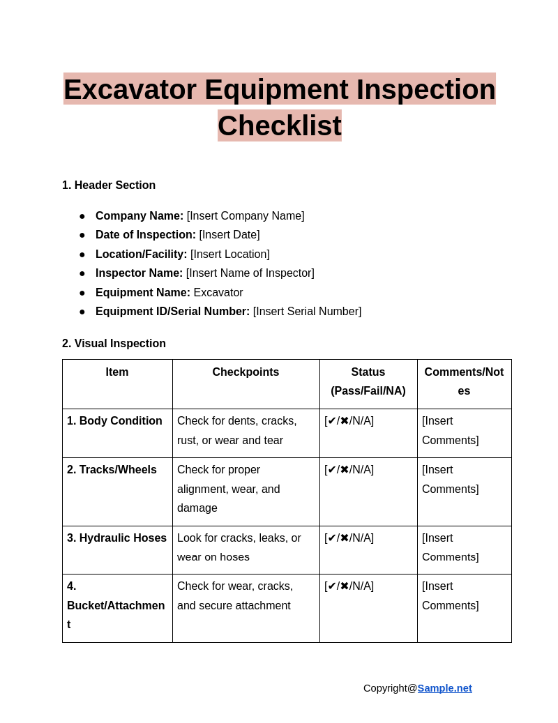 Excavator Equipment Inspection Checklist Google Docs 12 13 2024 04 32 PM