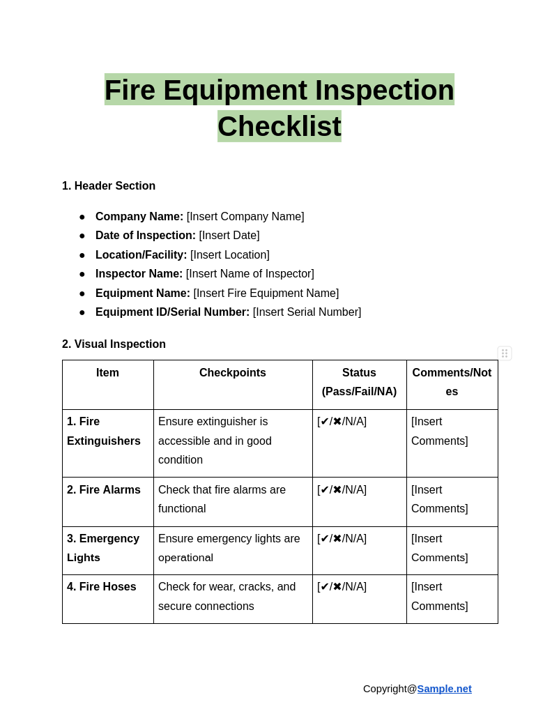 Fire Equipment Inspection Checklist Google Docs 12 13 2024 04 32 PM