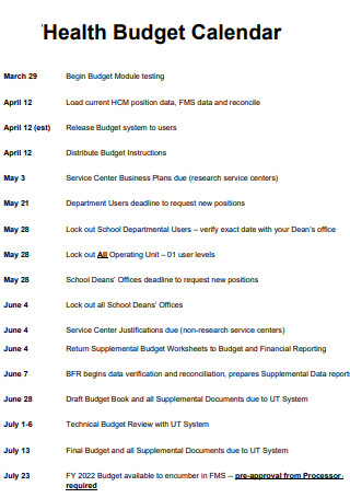 Health Budget Calendar