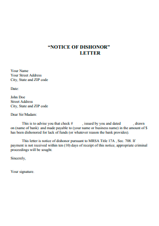 Letter Notice of Dishonor