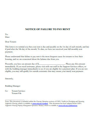 Letter Notice of Failure to Pay Rent