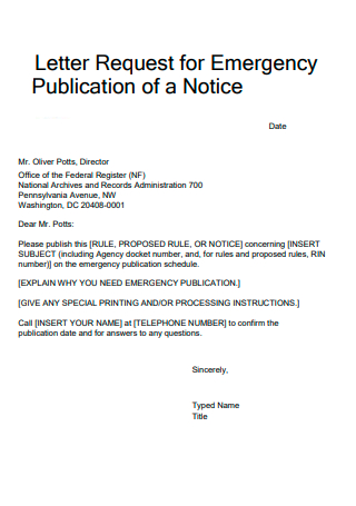 Letter Request for Emergency Publication of Notice