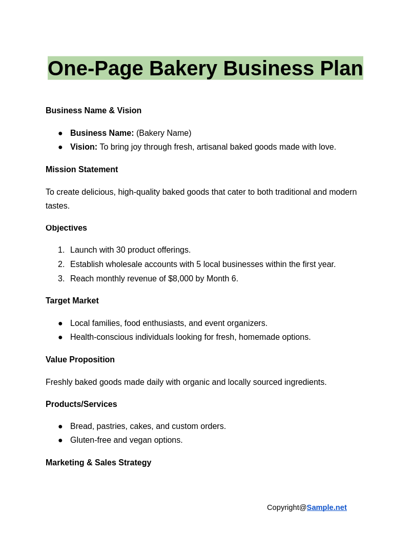 One Page Bakery Business Plan Google Docs 01 16 2025 04 57 PM