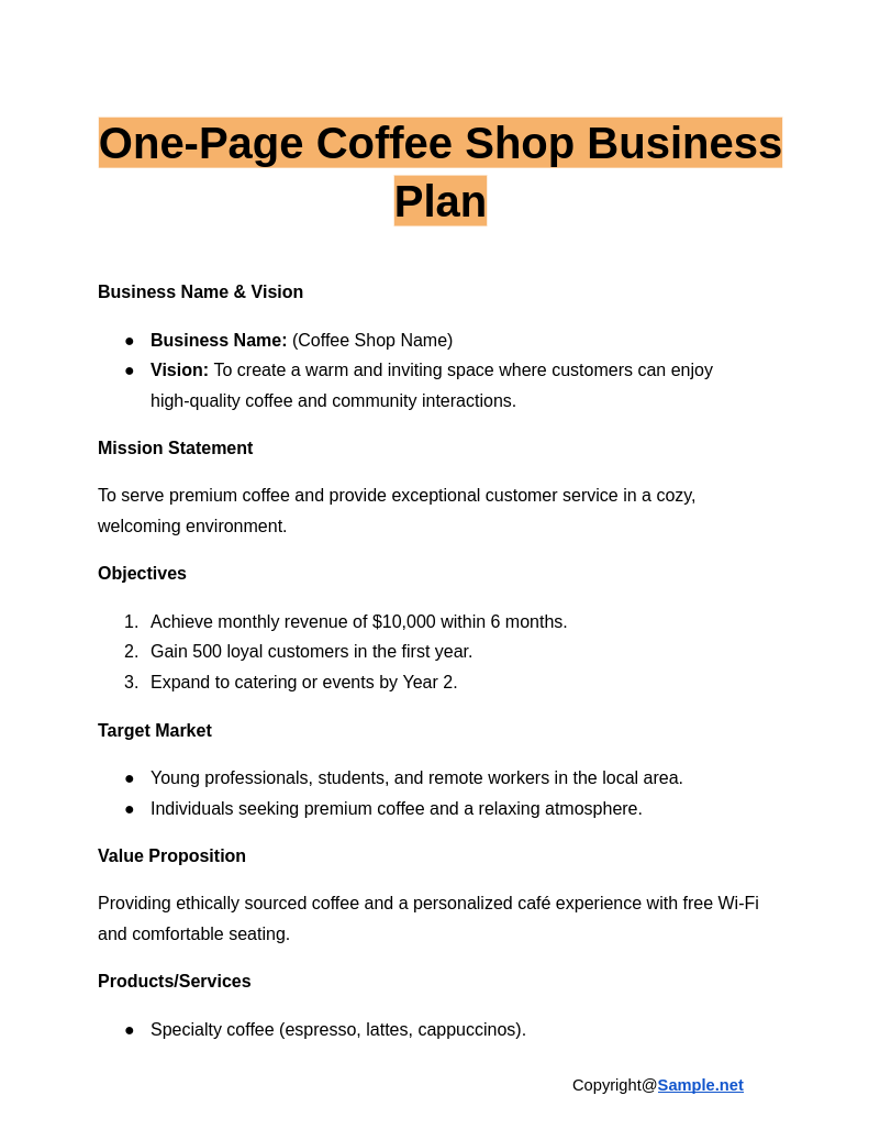 One Page Coffee Shop Business Plan Google Docs 01 16 2025 04 57 PM