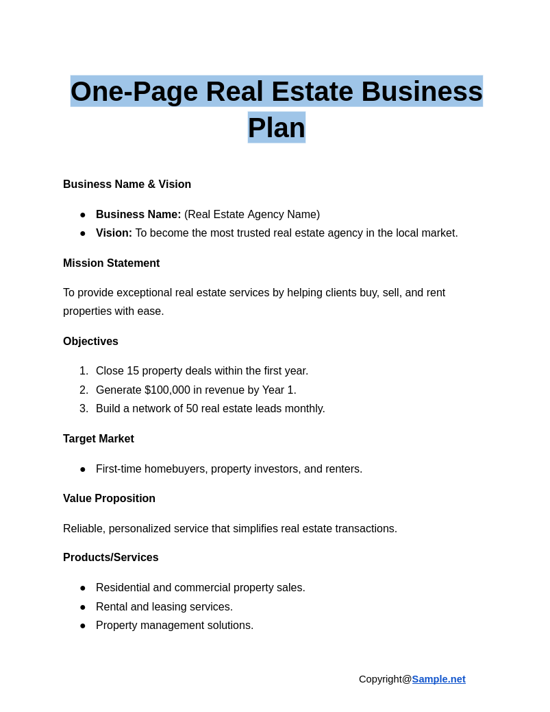 One Page Real Estate Business Plan Google Docs 01 16 2025 04 57 PM