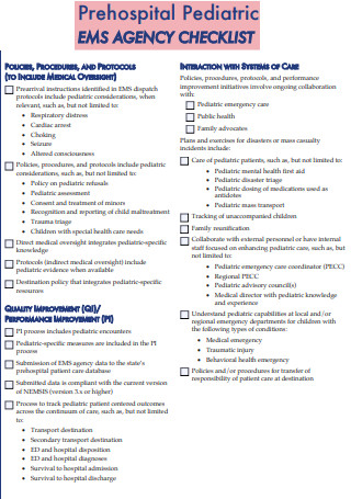 Prehospital Pediatric Agency Checklist