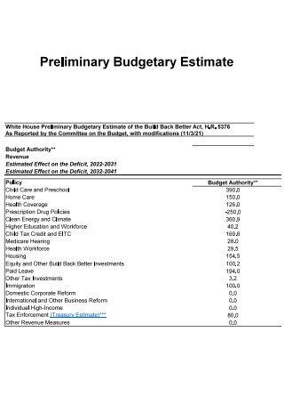 Preliminary Estimate Budget