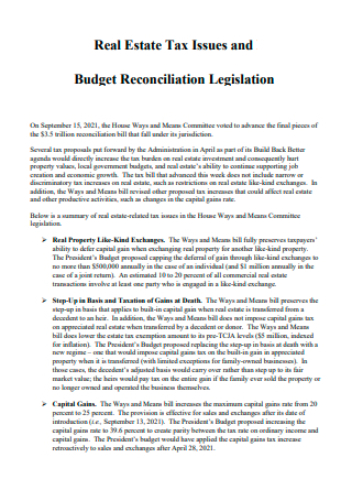 Real Estate Tax Issues and Budget Reconciliation Legislation