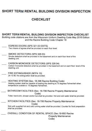 Short Term Rental Building Division Inspection Checklist
