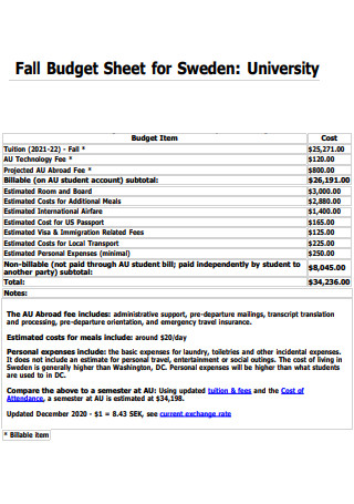 University Fall Budget Sheet