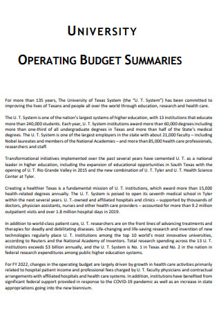 University Operating Budget Summaries