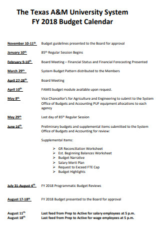 University System Budget Calendar