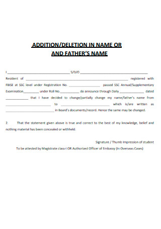 Affidavit Addition Deletion in Name or Fathers Name