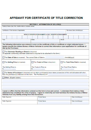 Affidavit for Certificate of Title Correction Form