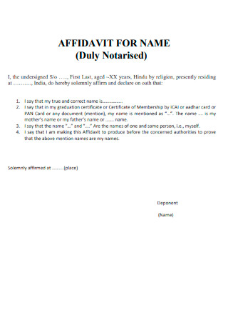 Affidavit for Name Duly Notarised