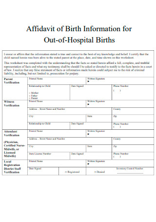 Affidavit of Birth Information for Out of Hospital Births