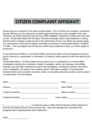Affidavit of Citizen Complaint
