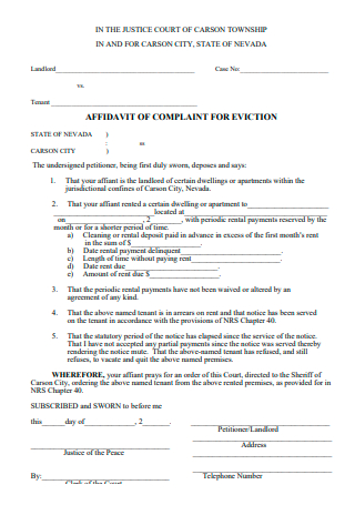 Affidavit of Complaint For Eviction