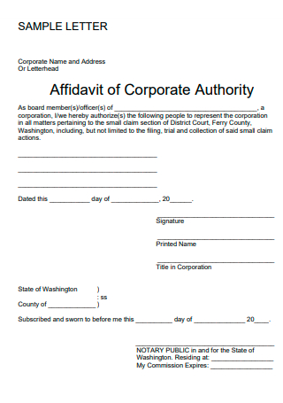 Affidavit of Corporate Authority Letter