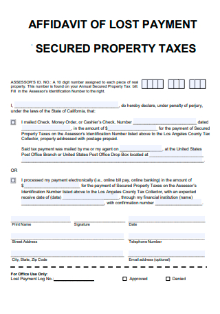 Affidavit of Lost Payment Secured Property Taxes